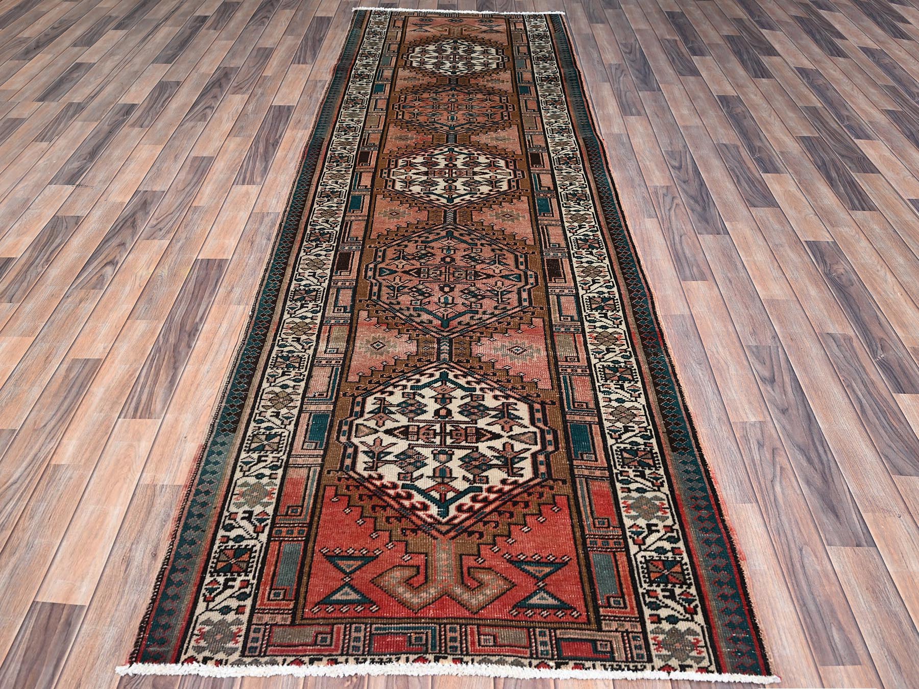 Brown 3'5" x 10'2" Vintage Hand knotted Wool Rug - Sku: O085988