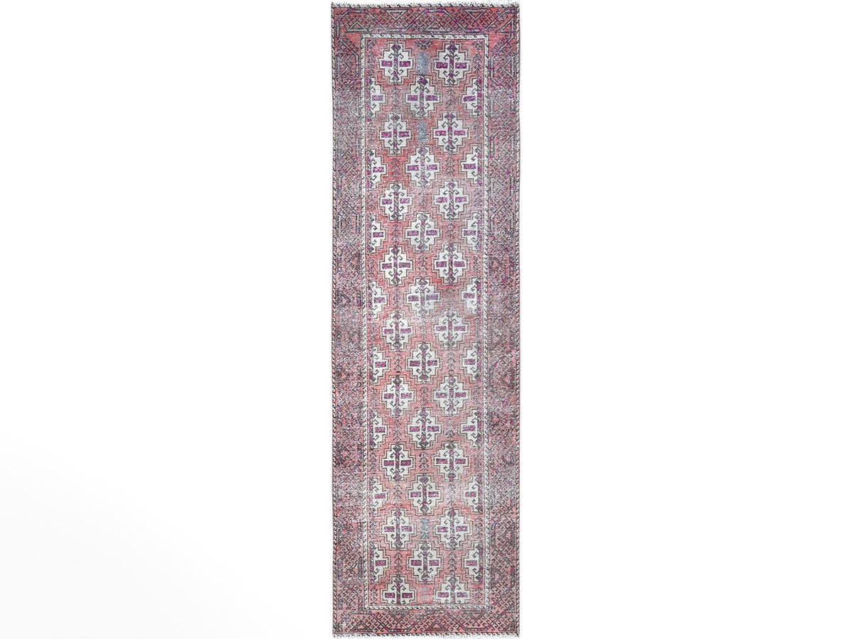Baluch Vintage hand-knotted wool runner in Pink & Coral Pink, 3'2" x 10'9" — SKU O086007