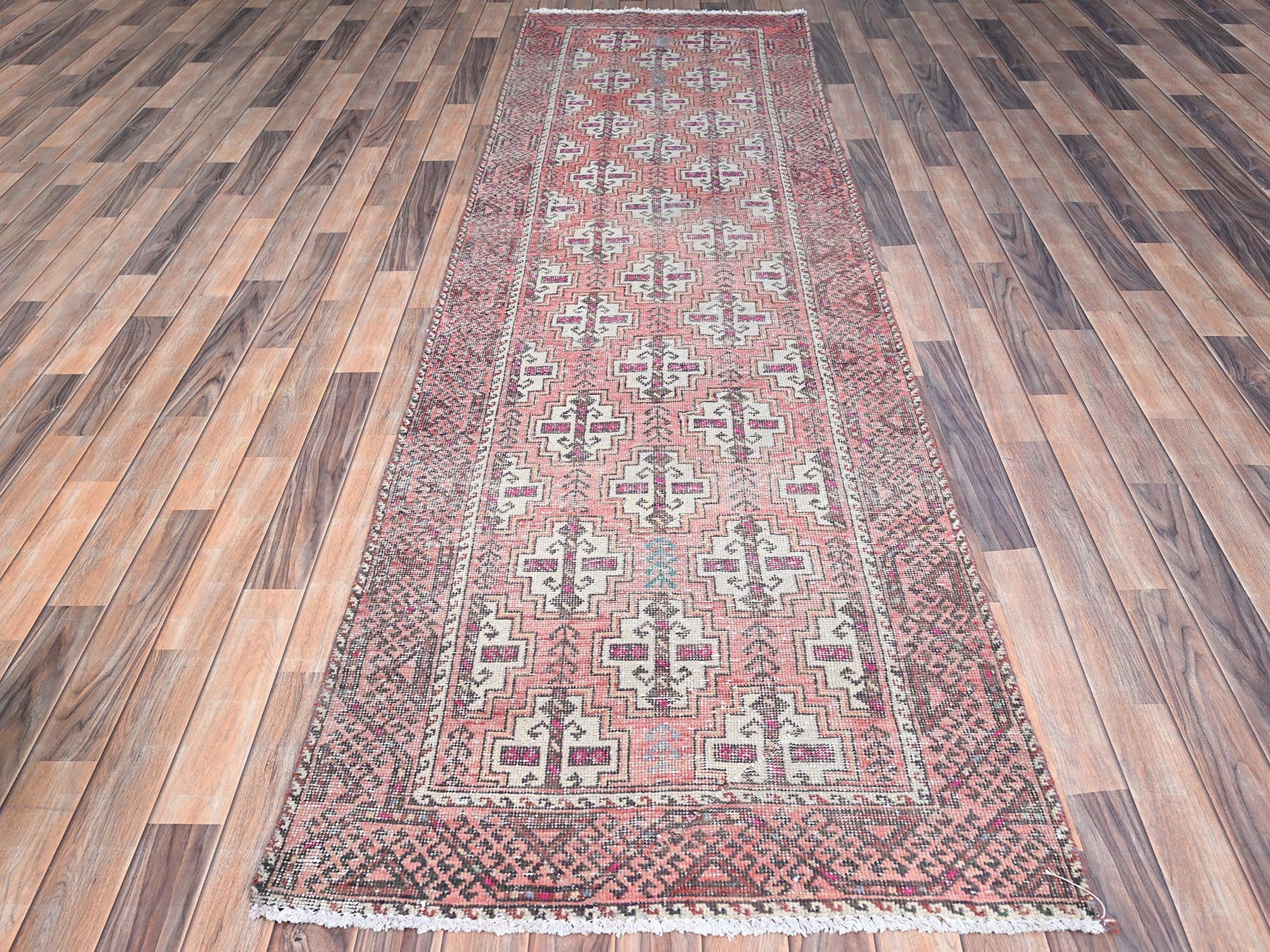 Baluch Vintage hand-knotted wool runner in Pink & Coral Pink, 3'2" x 10'9" — SKU O086007 (view 2)