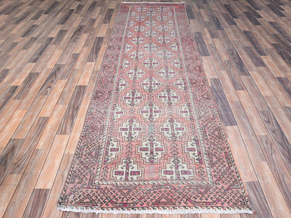 Baluch Vintage hand-knotted wool runner in Pink & Coral Pink, 3'2" x 10'9" — SKU O086007 (view 2)