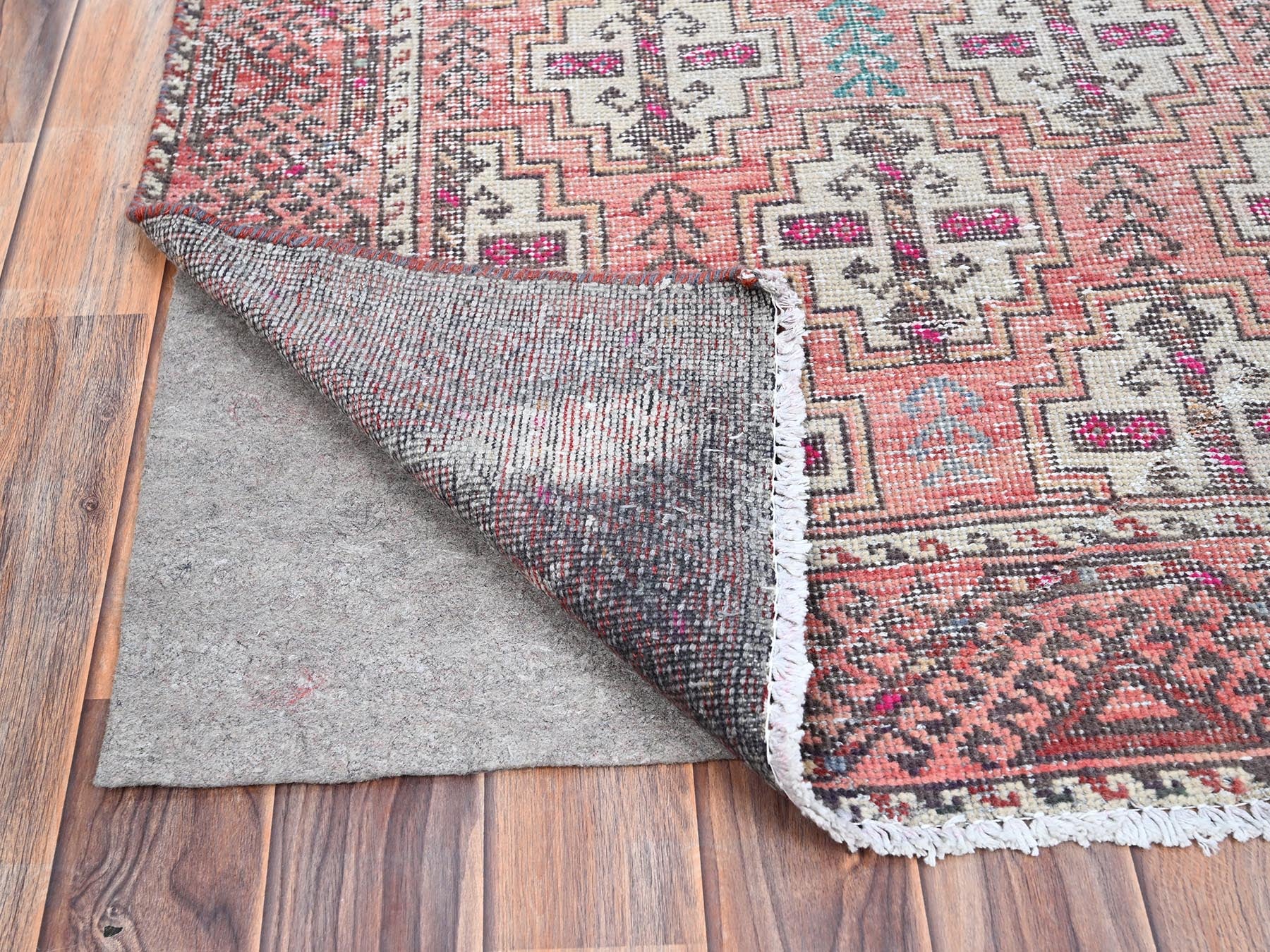 Baluch Vintage hand-knotted wool runner in Pink & Coral Pink, 3'2" x 10'9" — SKU O086007 (view 3)