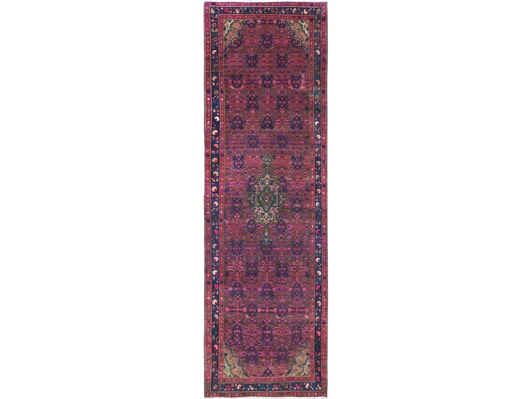 Hamadan Vintage hand-knotted wool runner in Overdyed & Blue, 3'4" x 10'8" — SKU O086015