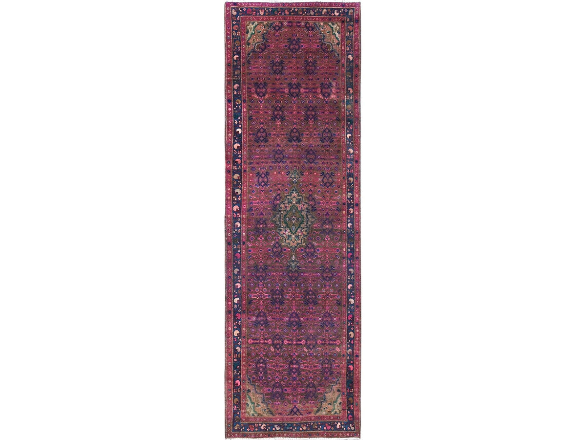 Hamadan Vintage hand-knotted wool runner in Overdyed & Blue, 3'4" x 10'8" — SKU O086015