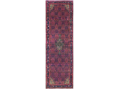 Hamadan Vintage hand-knotted wool runner in Overdyed & Blue, 3'4" x 10'8" — SKU O086015