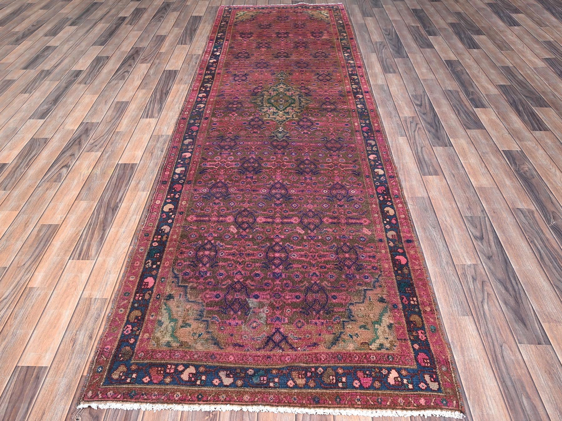 Hamadan Vintage hand-knotted wool runner in Overdyed & Blue, 3'4" x 10'8" — SKU O086015 (view 2)
