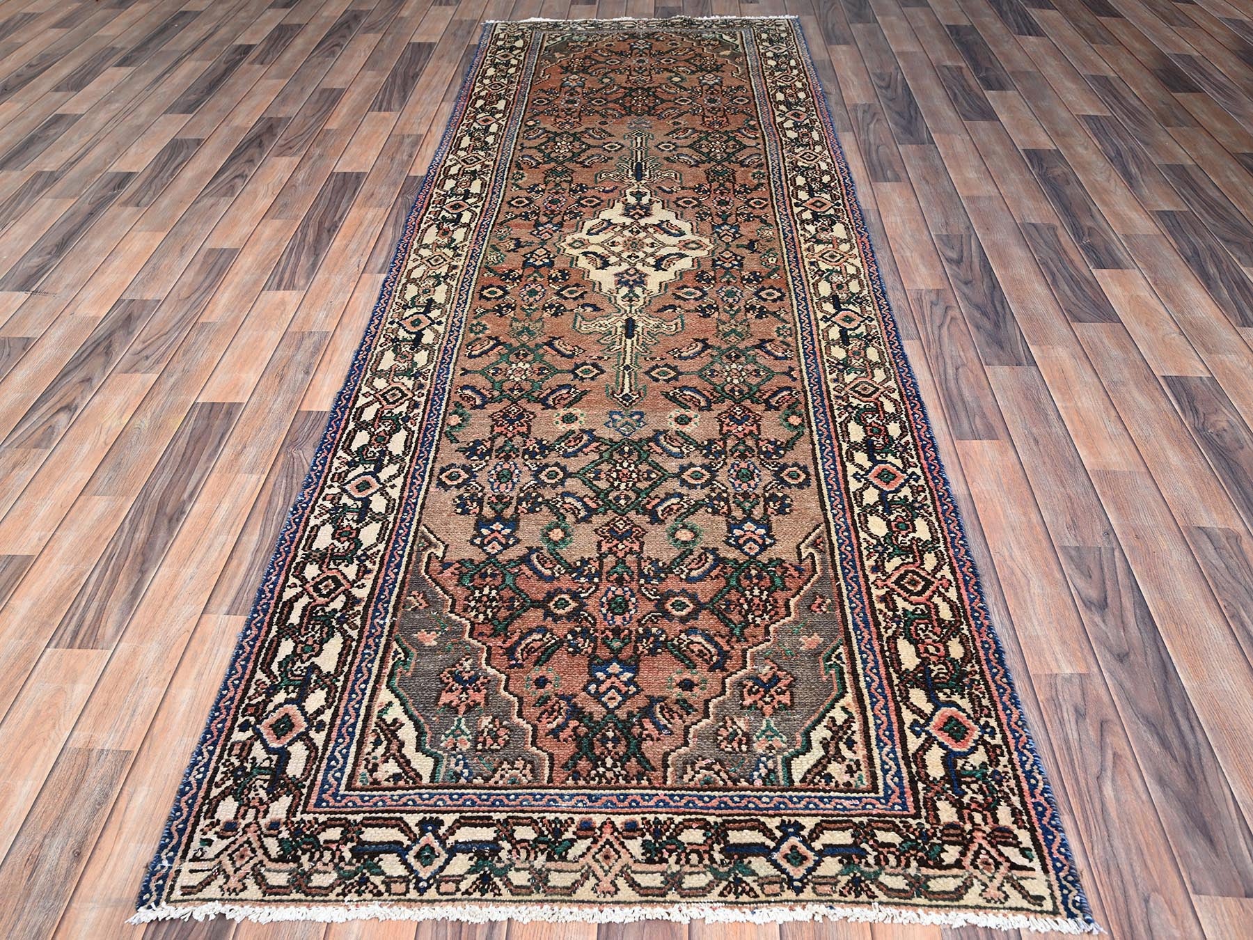 Brown 3'4" x 10'1" Vintage Hand knotted Wool Rug - Sku: O086020