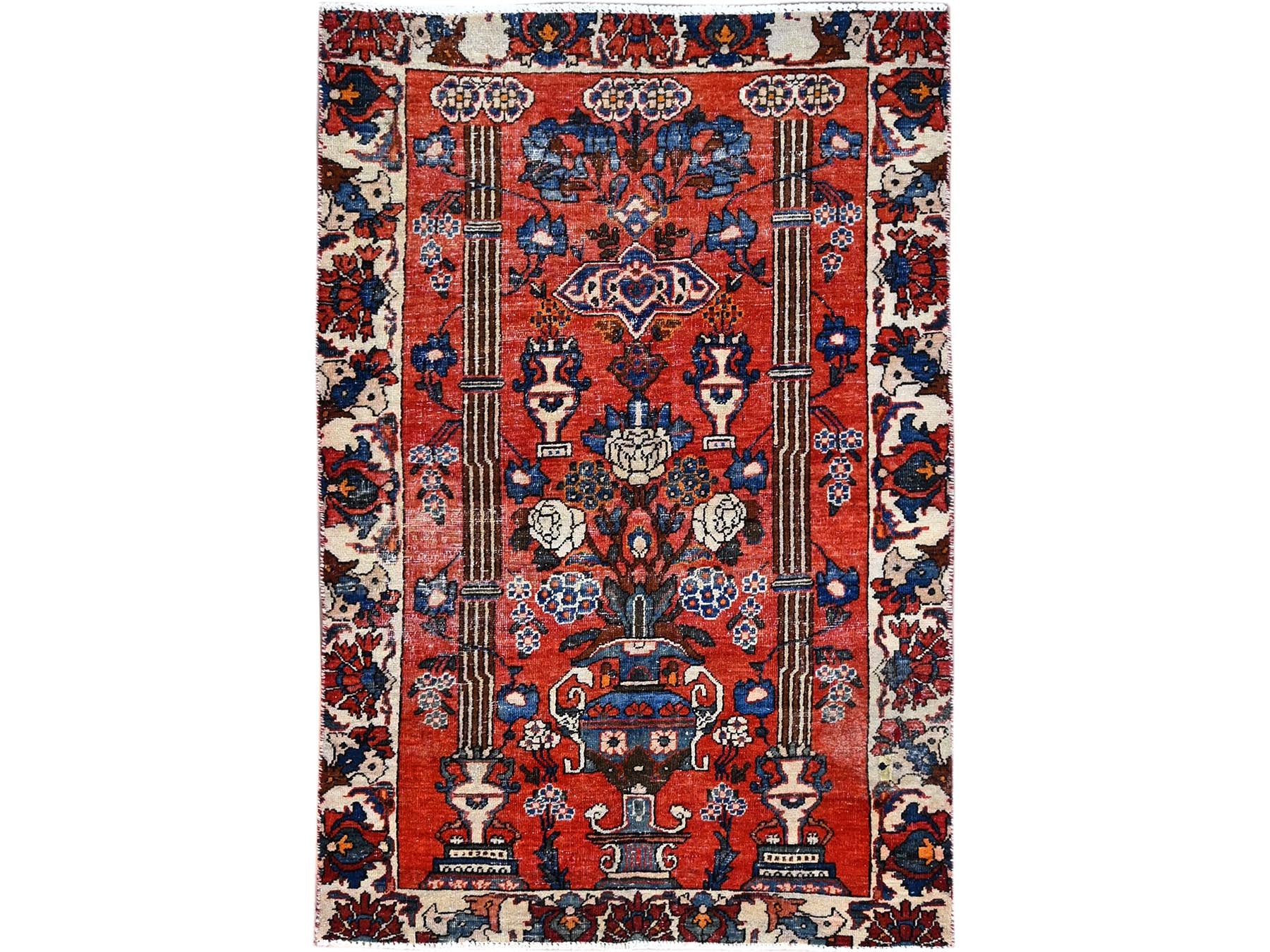 Bakhtiari Vintage hand-knotted wool rug in Red & Ivory, 3'11" x 5'10" — SKU O086054