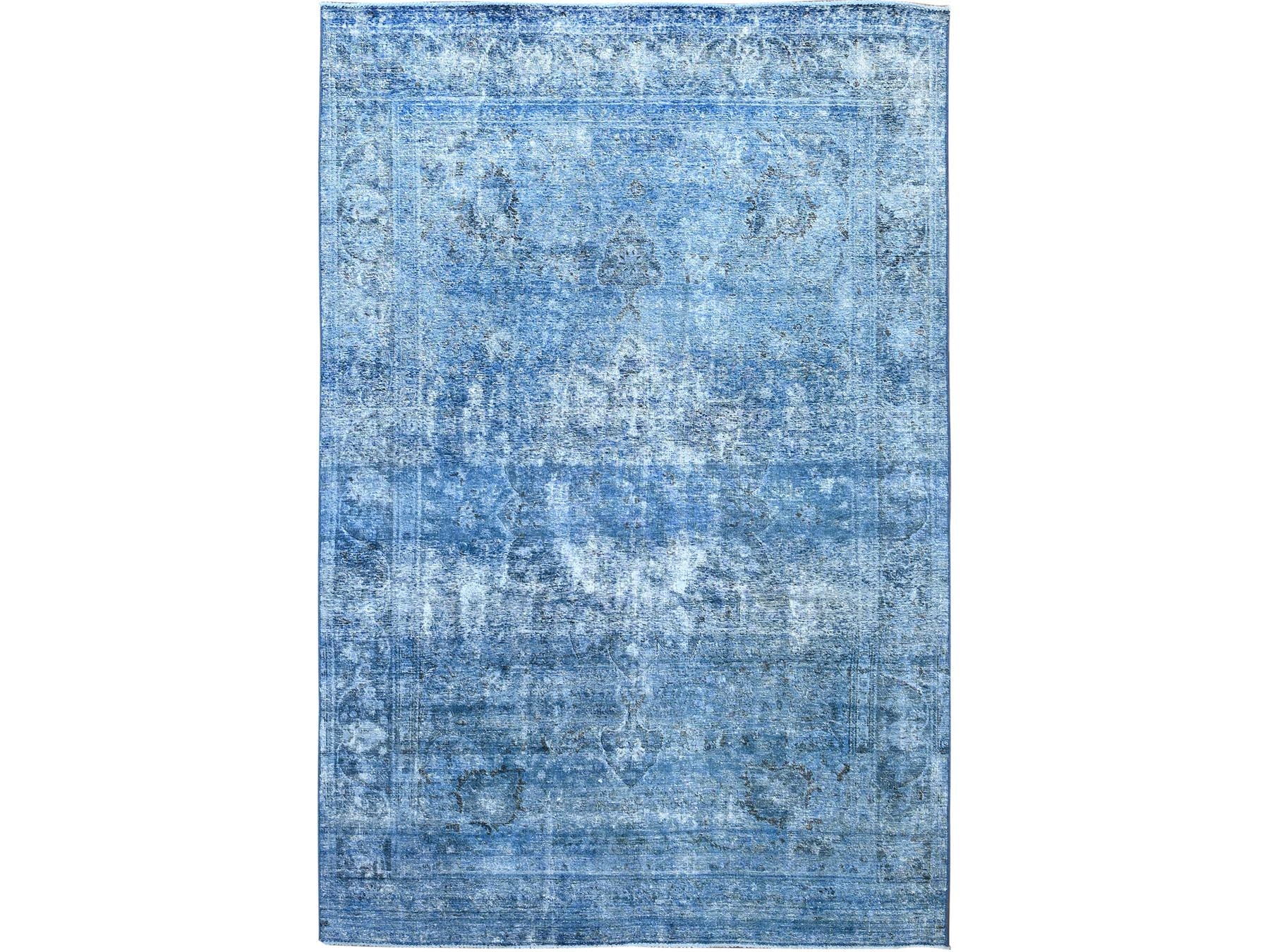 Tabriz Vintage hand-knotted wool rug in Overdyed & Blue, 7'5" x 10'11" — SKU O086102