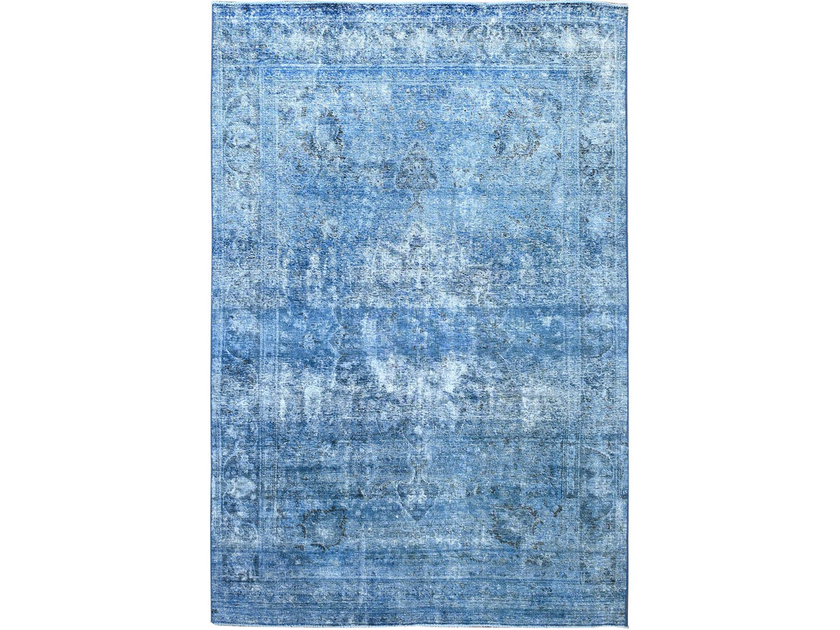 Tabriz Vintage hand-knotted wool rug in Overdyed & Blue, 7'5" x 10'11" — SKU O086102