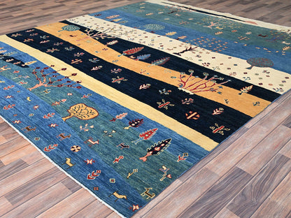 Blue 8'0" x 9'7" Tribal & Geometric Hand knotted Wool Rug - Sku: O086214