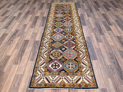 Blue 2'7" x 9'6" Kazak Hand knotted Wool Rug - Sku: O086248