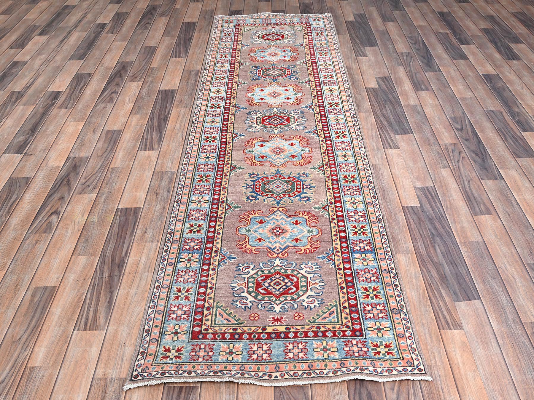 Kazak Kazak hand-knotted wool runner in Gray & Blue, 2'7" x 9'3" — SKU O086289 (view 2)