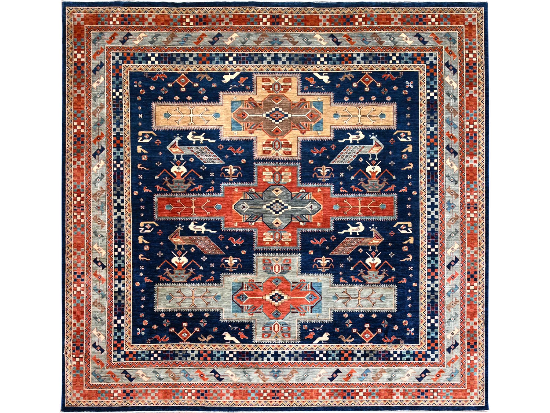 Tribal & Geometric hand-knotted wool rug in Blue & Gray, 11'5" x 11'9" — SKU O086409