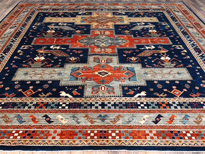 Blue 11'5" x 11'9" Tribal & Geometric Hand knotted Wool Rug - Sku: O086409