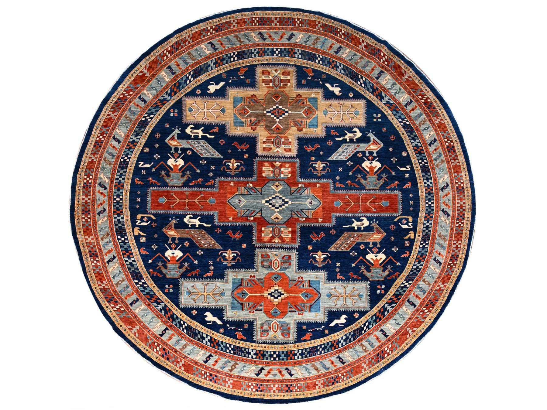 Tribal & Geometric hand-knotted wool rug in Blue & Gray, 11'7" x 11'7" — SKU O086410
