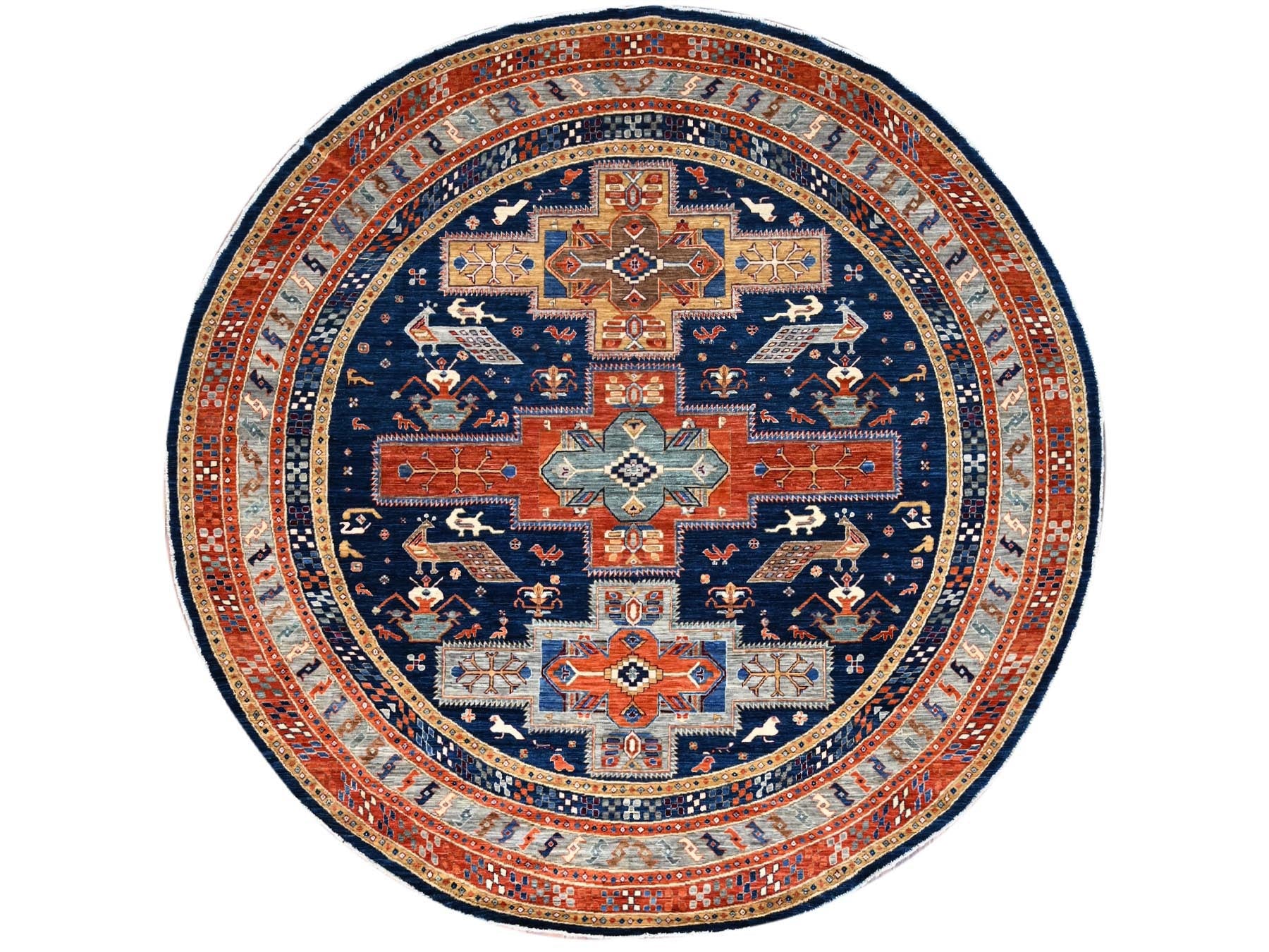 Tribal & Geometric hand-knotted wool rug in Blue & Silver, 7'11" x 7'11" — SKU O086411