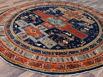 Blue 7'11" x 7'11" Tribal & Geometric Hand knotted Wool Rug - Sku: O086411
