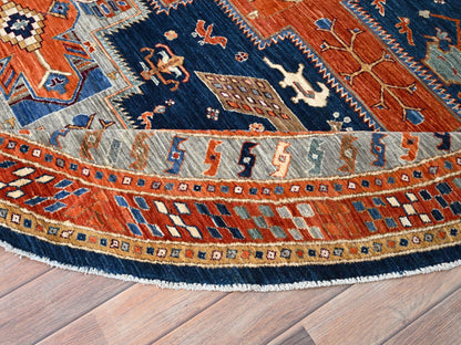 Blue 7'11" x 7'11" Tribal & Geometric Hand knotted Wool Rug - Sku: O086411