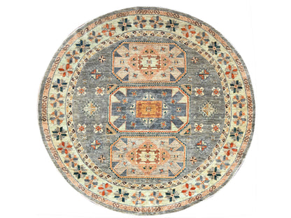 Tribal & Geometric hand-knotted wool rug in Gray & Pomelo White, 7'11" x 8'2" — SKU O086413