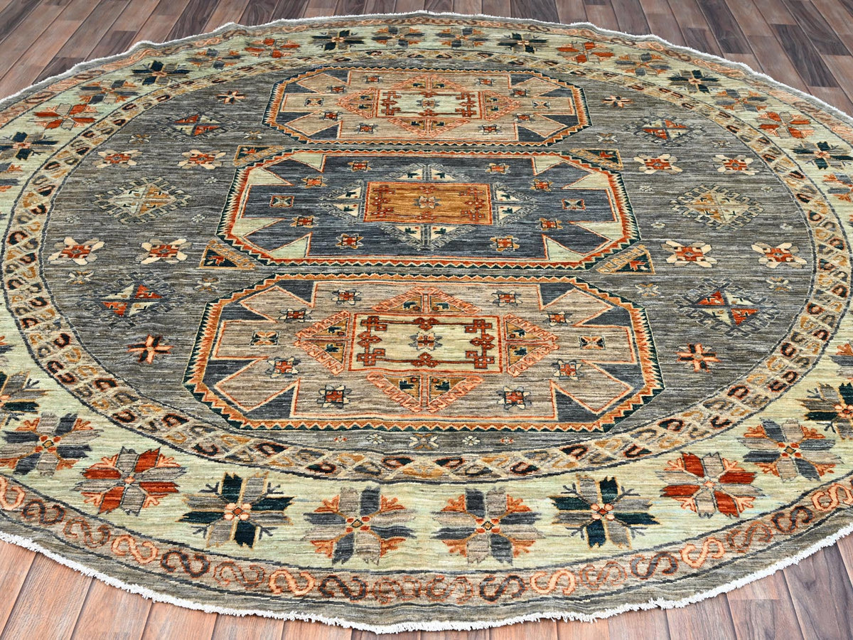 Tribal & Geometric hand-knotted wool rug in Gray & Pomelo White, 7'11" x 8'2" — SKU O086413 (view 2)