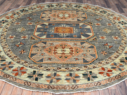 Tribal & Geometric hand-knotted wool rug in Gray & Pomelo White, 7'11" x 8'2" — SKU O086413 (view 2)