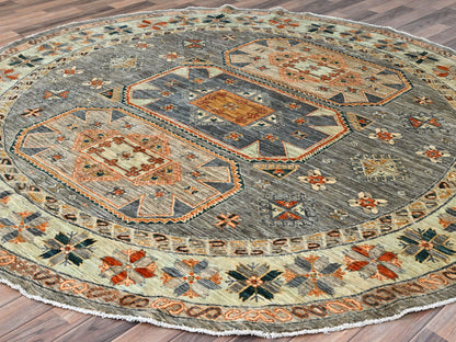 Tribal & Geometric hand-knotted wool rug in Gray & Pomelo White, 7'11" x 8'2" — SKU O086413 (view 3)