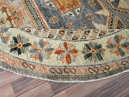 Tribal & Geometric hand-knotted wool rug in Gray & Pomelo White, 7'11" x 8'2" — SKU O086413 (view 4)