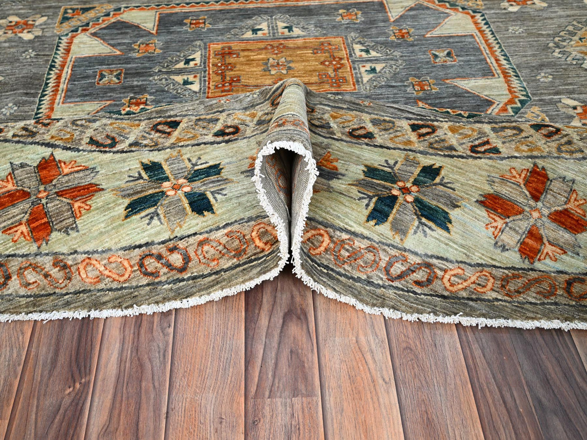 Tribal & Geometric hand-knotted wool rug in Gray & Pomelo White, 7'11" x 8'2" — SKU O086413 (view 5)