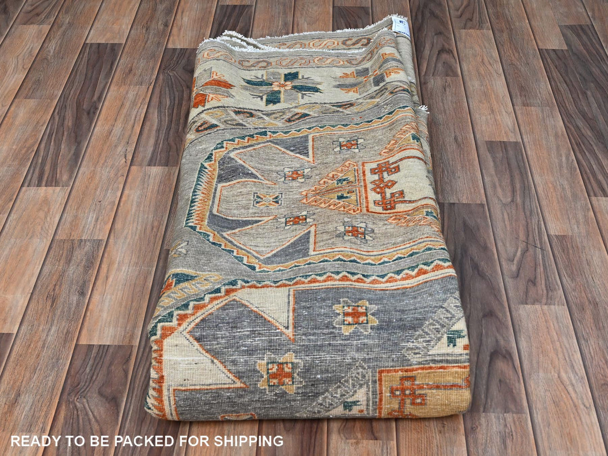 Tribal & Geometric hand-knotted wool rug in Gray & Pomelo White, 7'11" x 8'2" — SKU O086413 (view 8)