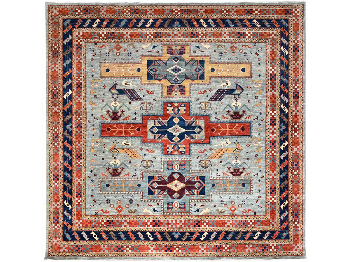 Tribal & Geometric hand-knotted wool rug in Gray & Red, 11'6" x 11'9" — SKU O086415