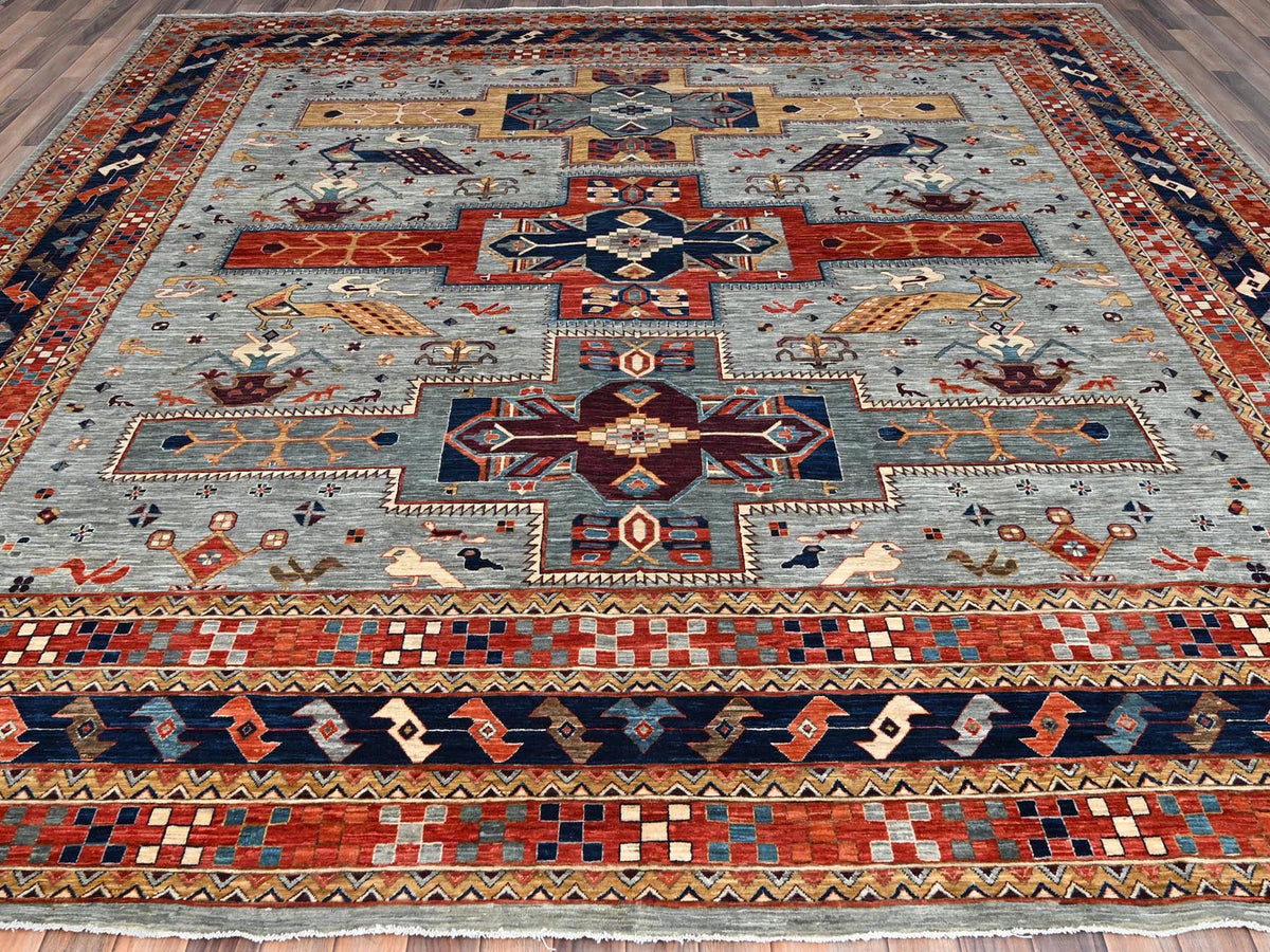 Tribal & Geometric hand-knotted wool rug in Gray & Red, 11'6" x 11'9" — SKU O086415 (view 2)