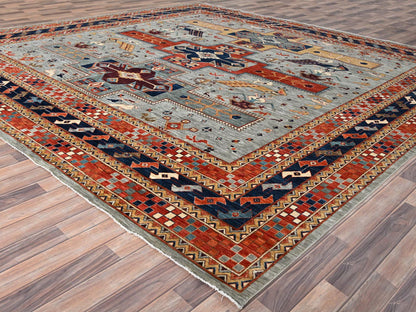 Tribal & Geometric hand-knotted wool rug in Gray & Red, 11'6" x 11'9" — SKU O086415 (view 3)