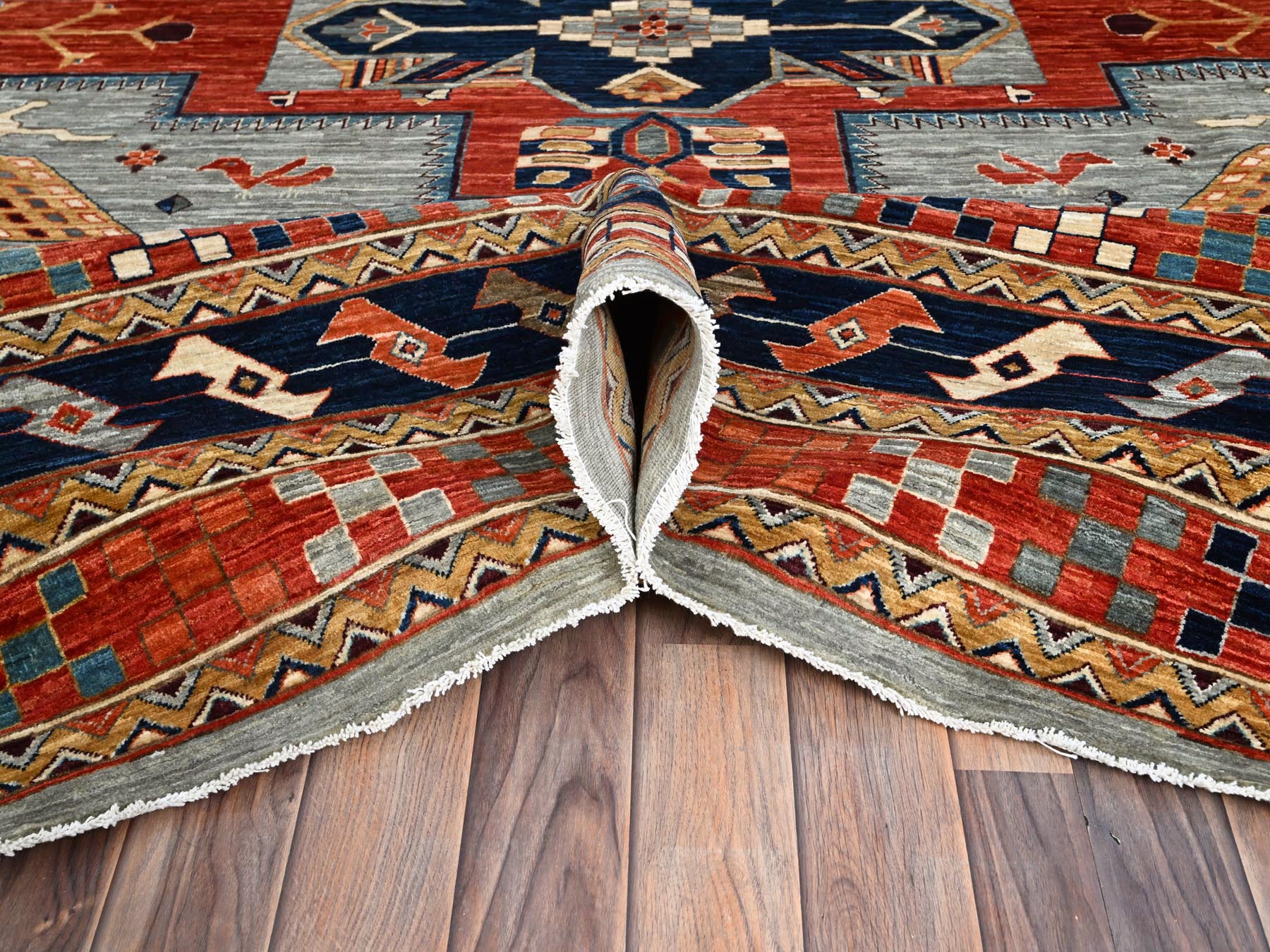 Tribal & Geometric hand-knotted wool rug in Gray & Red, 11'6" x 11'9" — SKU O086415 (view 5)
