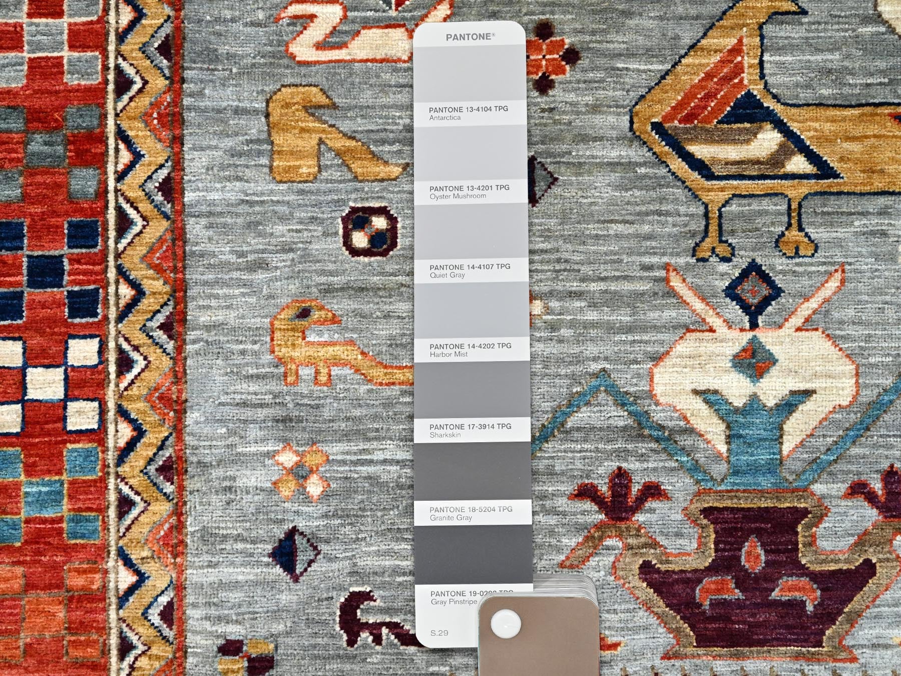 Tribal & Geometric hand-knotted wool rug in Gray & Red, 11'6" x 11'9" — SKU O086415 (view 7)