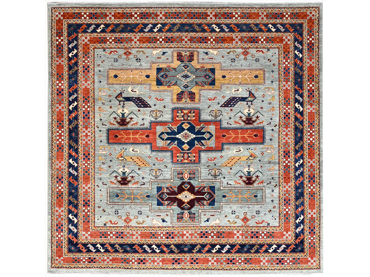 Kazak Tribal & Geometric hand-knotted wool rug in Gray & Blue, 9'9" x 9'10" — SKU O086416