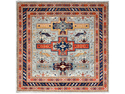 Kazak Tribal & Geometric hand-knotted wool rug in Gray & Blue, 9'9" x 9'10" — SKU O086416