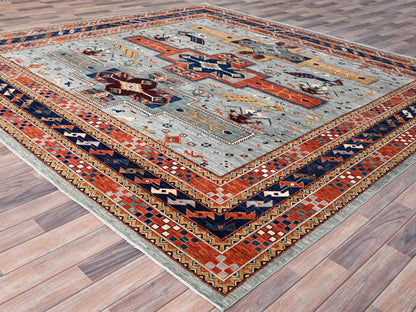 Kazak Tribal & Geometric hand-knotted wool rug in Gray & Blue, 9'9" x 9'10" — SKU O086416 (view 3)