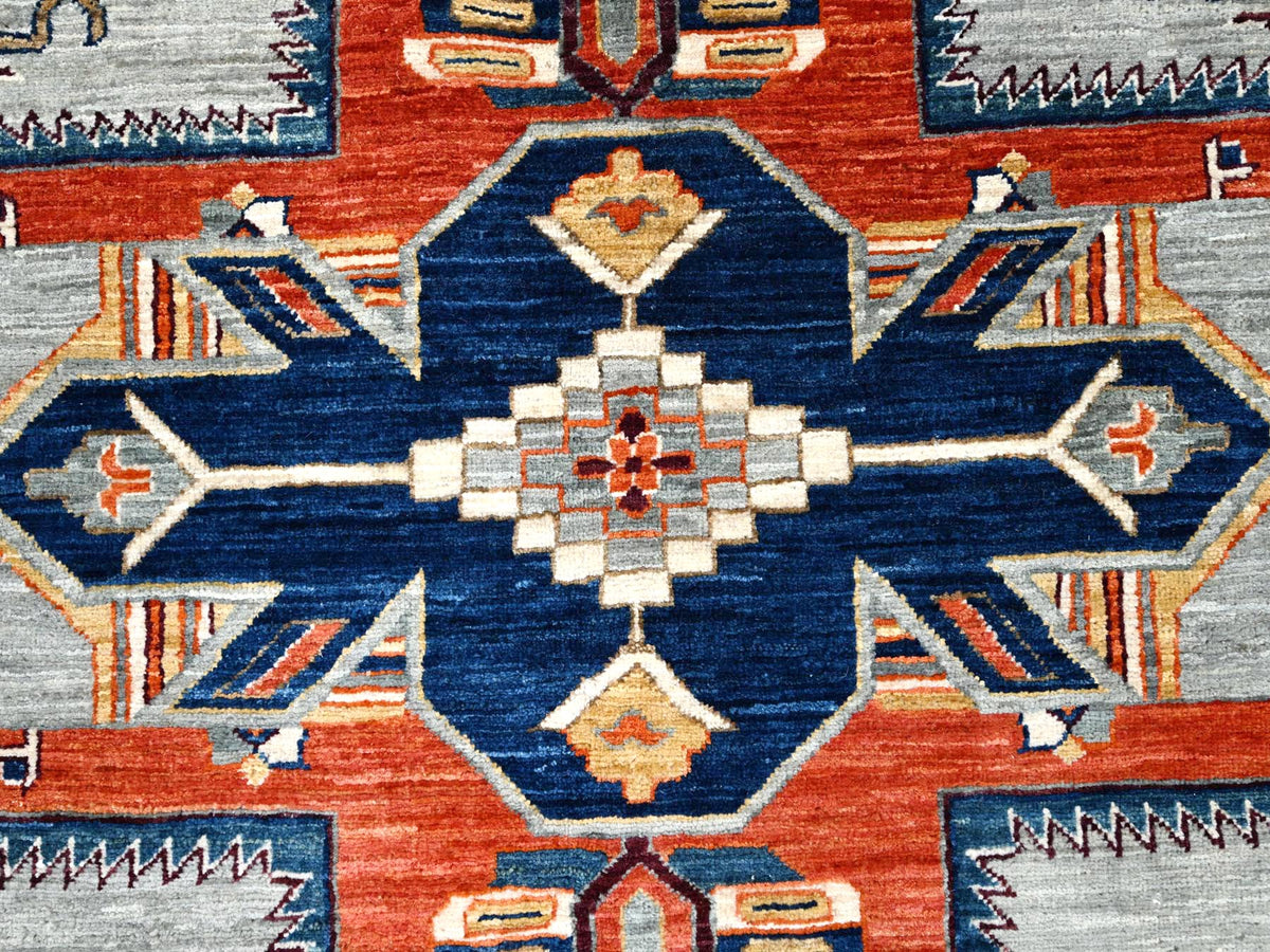 Kazak Tribal & Geometric hand-knotted wool rug in Gray & Blue, 9'9" x 9'10" — SKU O086416 (view 7)