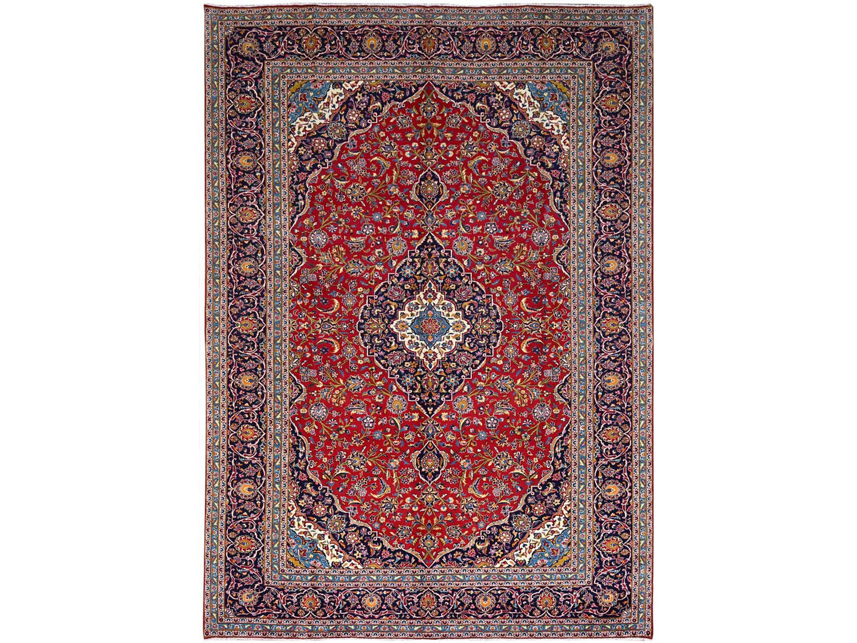 Kashan Persian hand-knotted wool rug in Red & Blue, 9'8" x 12'10" — SKU O086427