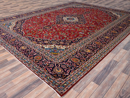 Kashan Persian hand-knotted wool rug in Red & Blue, 9'8" x 12'10" — SKU O086427 (view 3)