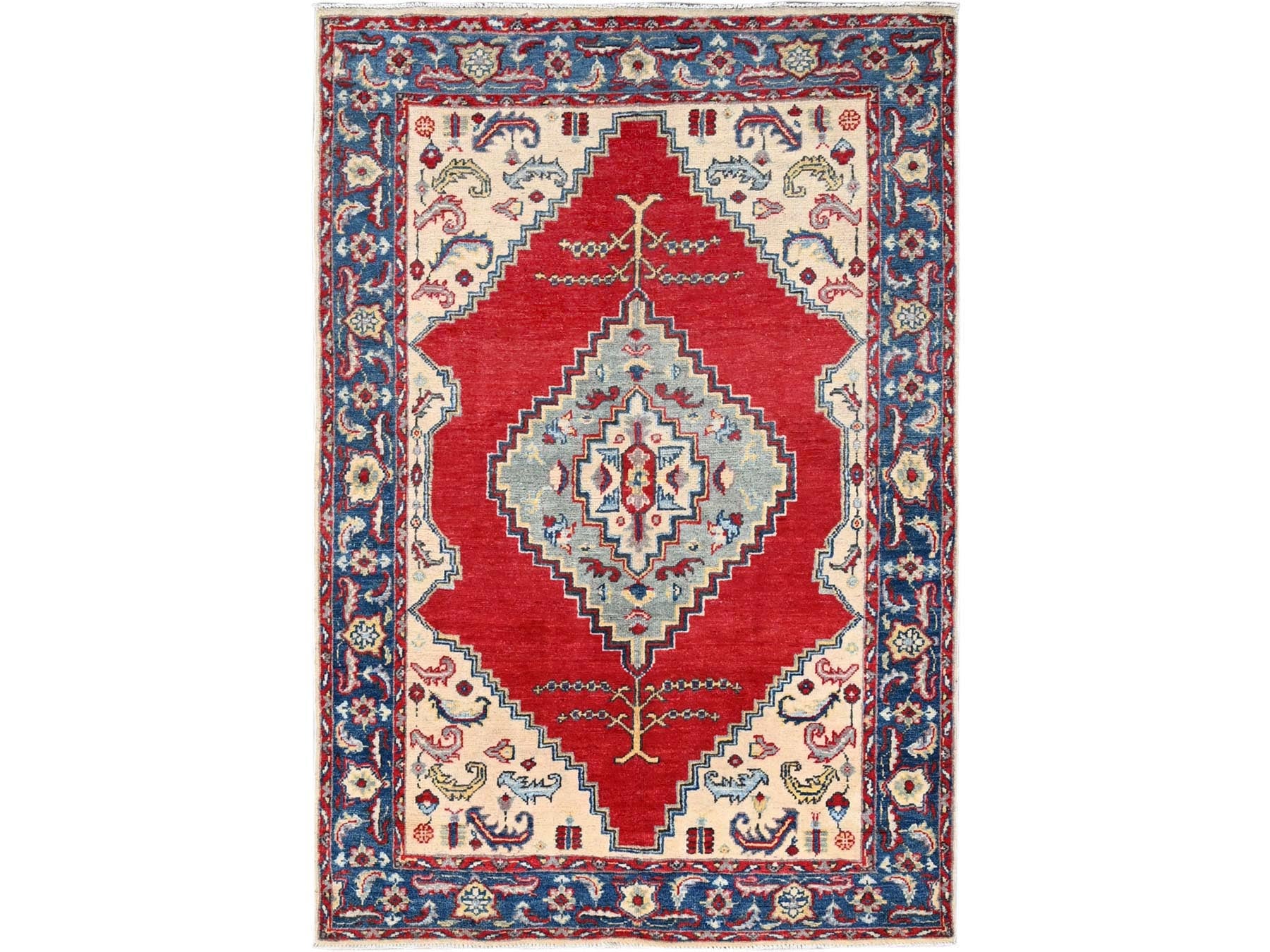 Kazak Kazak hand-knotted wool rug in Ivory & Blue, 3'10" x 5'8" — SKU O086435