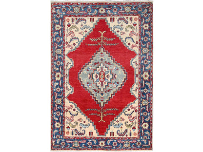 Kazak Kazak hand-knotted wool rug in Ivory & Blue, 3'10" x 5'8" — SKU O086435