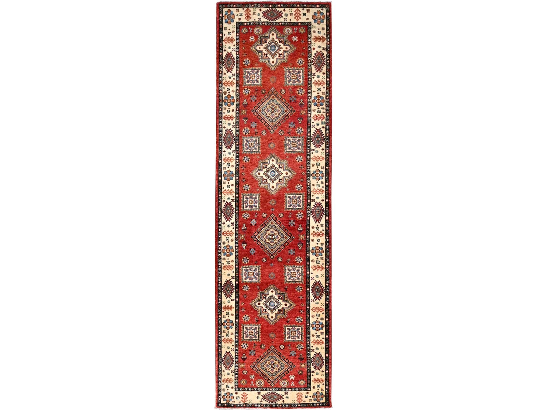 Kazak Kazak hand-knotted wool runner in Red & Ivory, 2'8" x 9'6" — SKU O086450