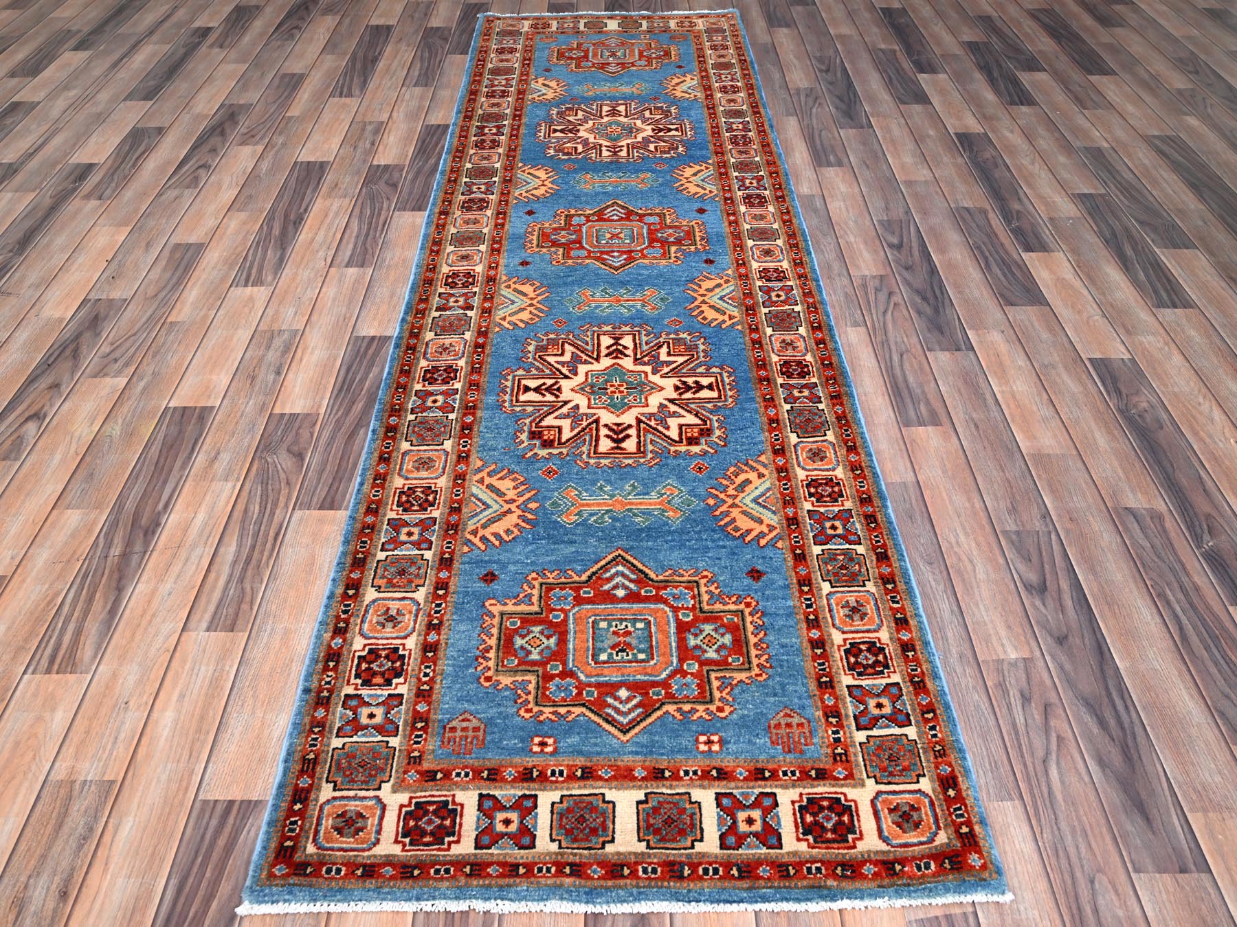 Kazak Kazak hand-knotted wool runner in Blue & Ivory, 2'10" x 9'7" — SKU O086452 (view 2)