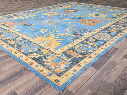 Blue 9'4" x 12'4" Oushak And Peshawar Hand knotted Wool Rug - Sku: O086506