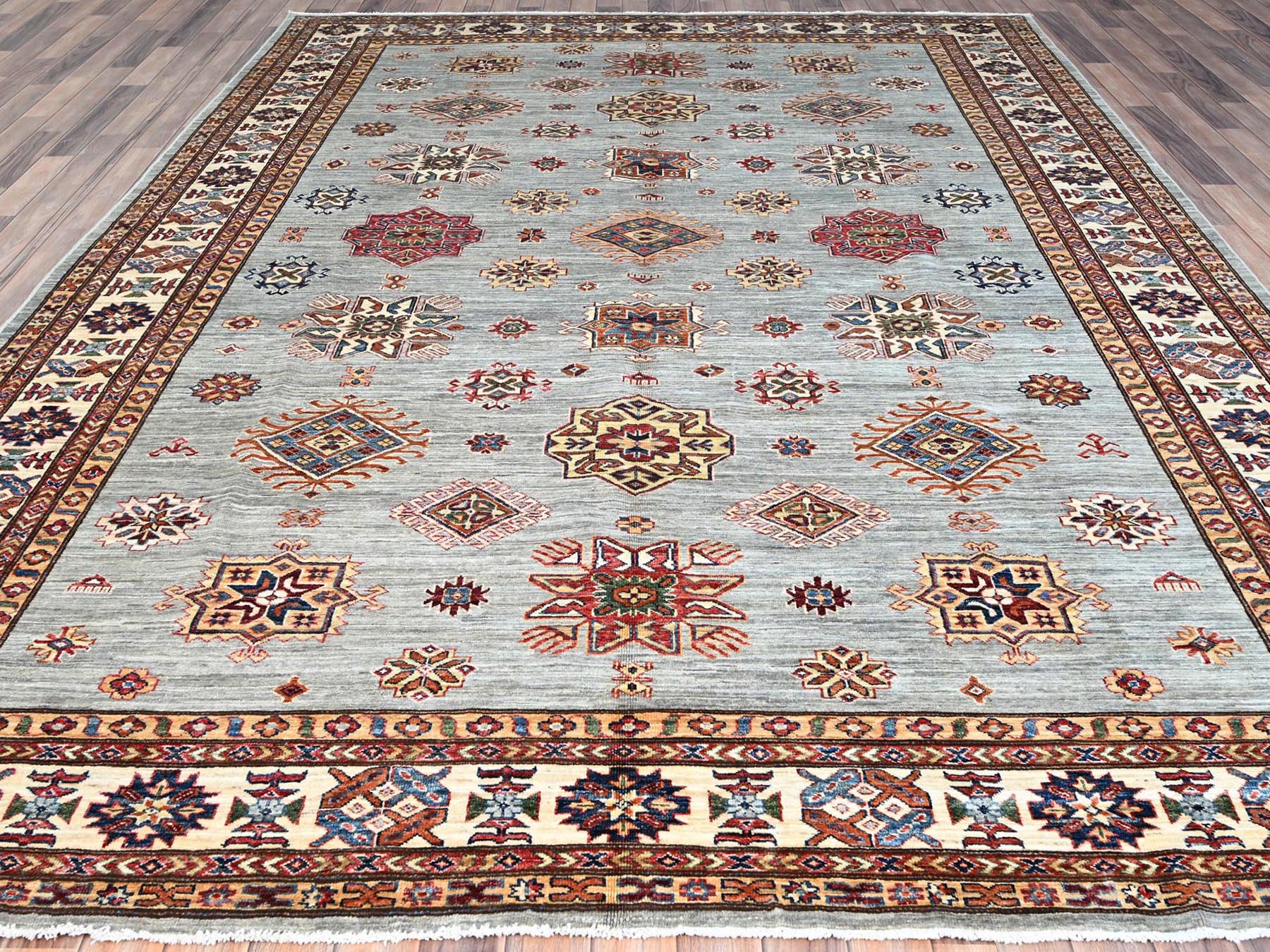 Kazak Tribal hand-knotted wool rug in Gray, 8'11" x 11'11", SKU O086535