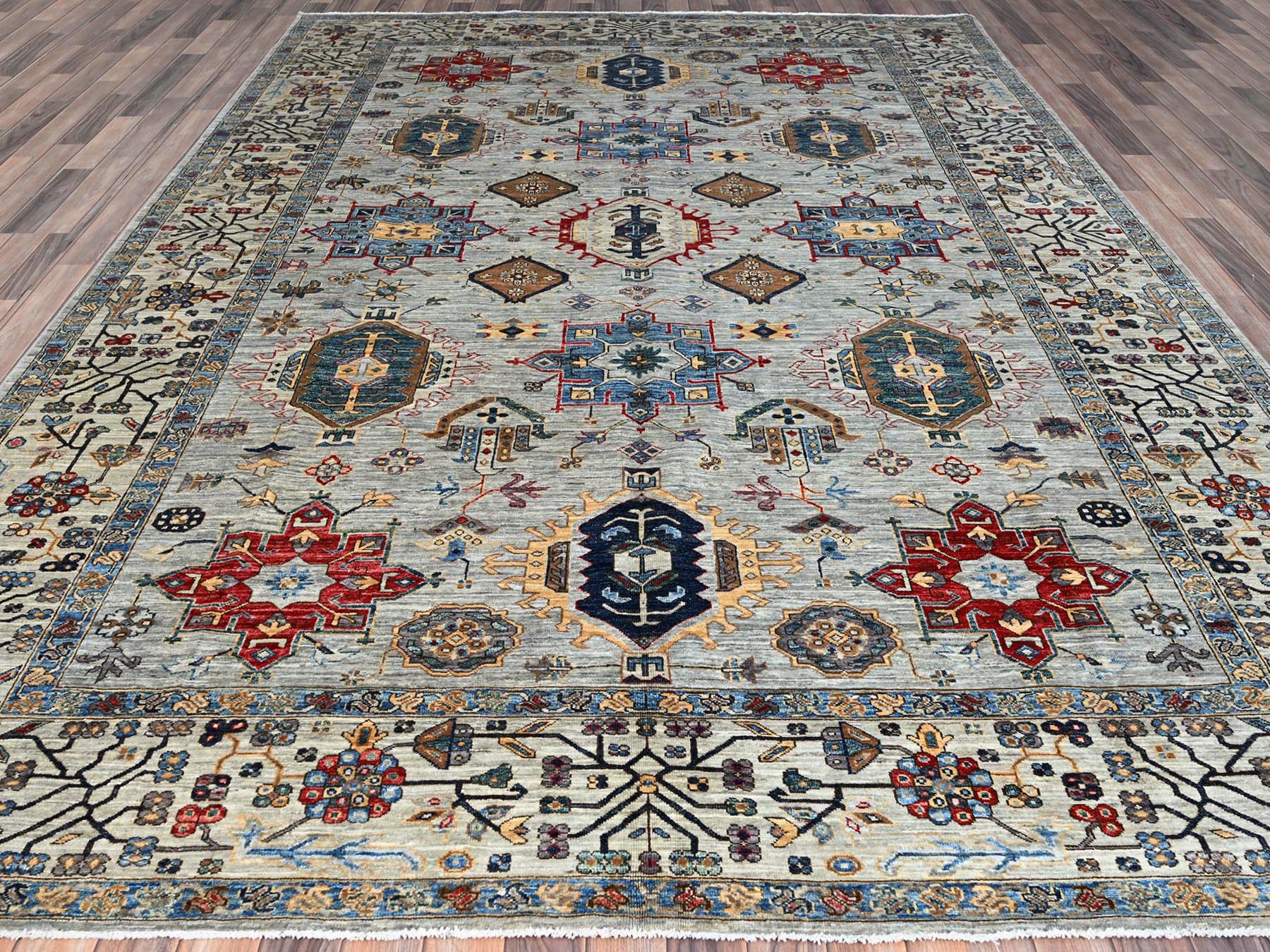 Kazak Tribal hand-knotted wool rug in Gray, 8'9" x 11'9", SKU O086538