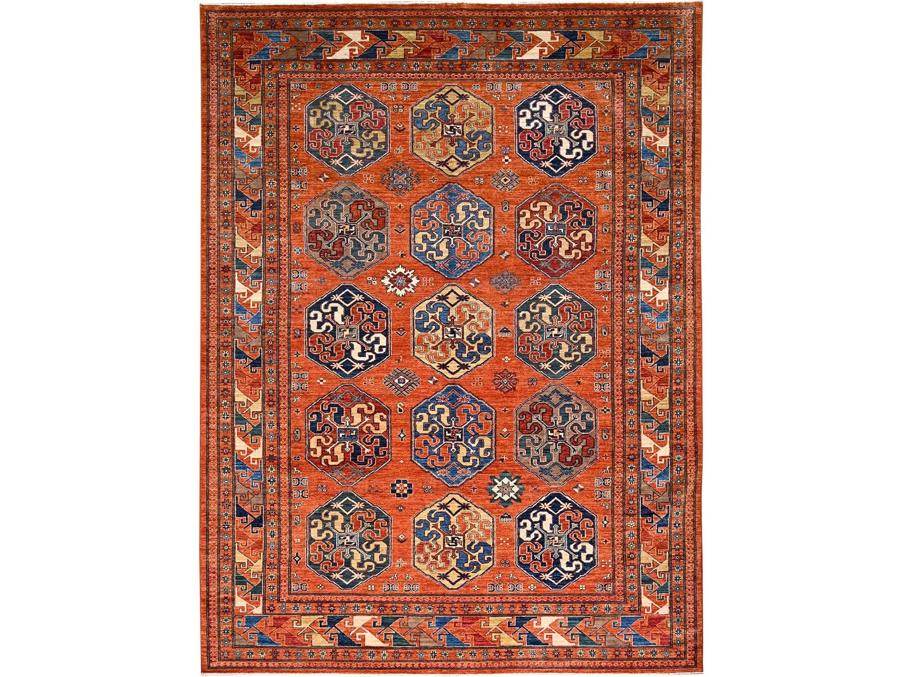 Kazak Tribal hand-knotted wool rug in Orange, 8'10" x 11'10", SKU O086539