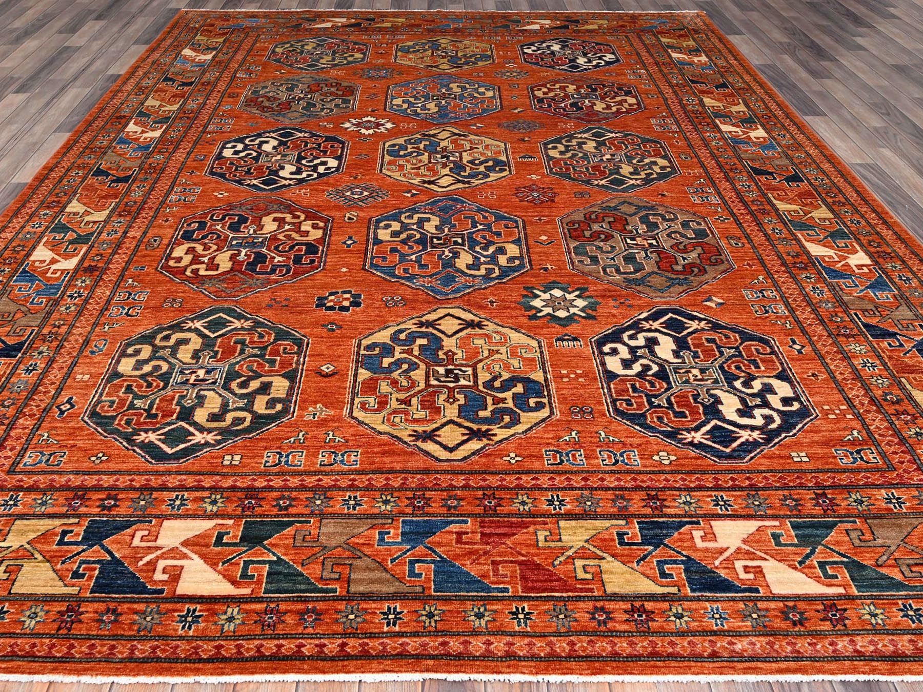 Kazak Tribal hand-knotted wool rug in Orange, 8'10" x 11'10", SKU O086539