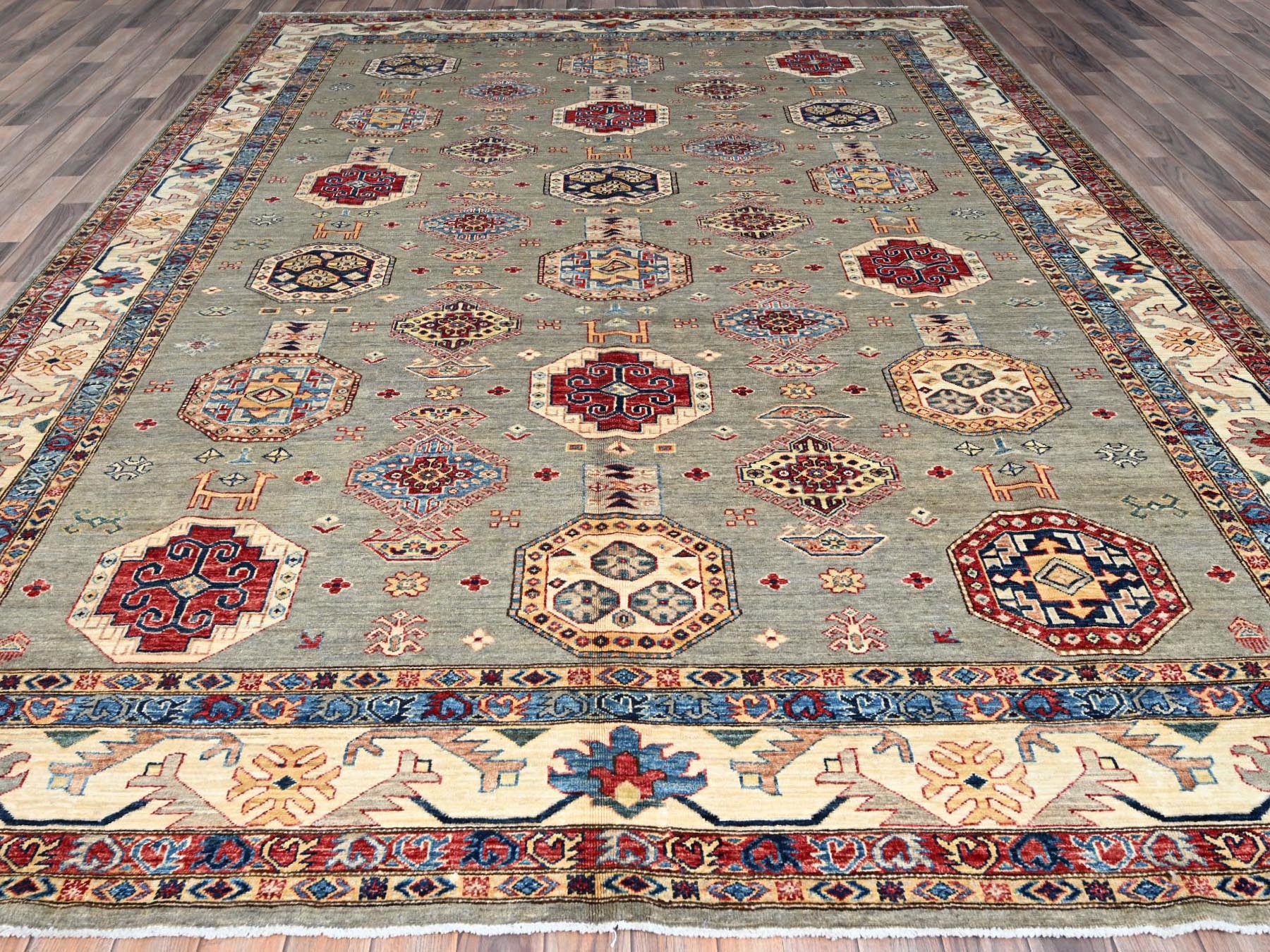 Kazak Tribal hand-knotted wool rug in Gray, 8'10" x 11'9", SKU O086540